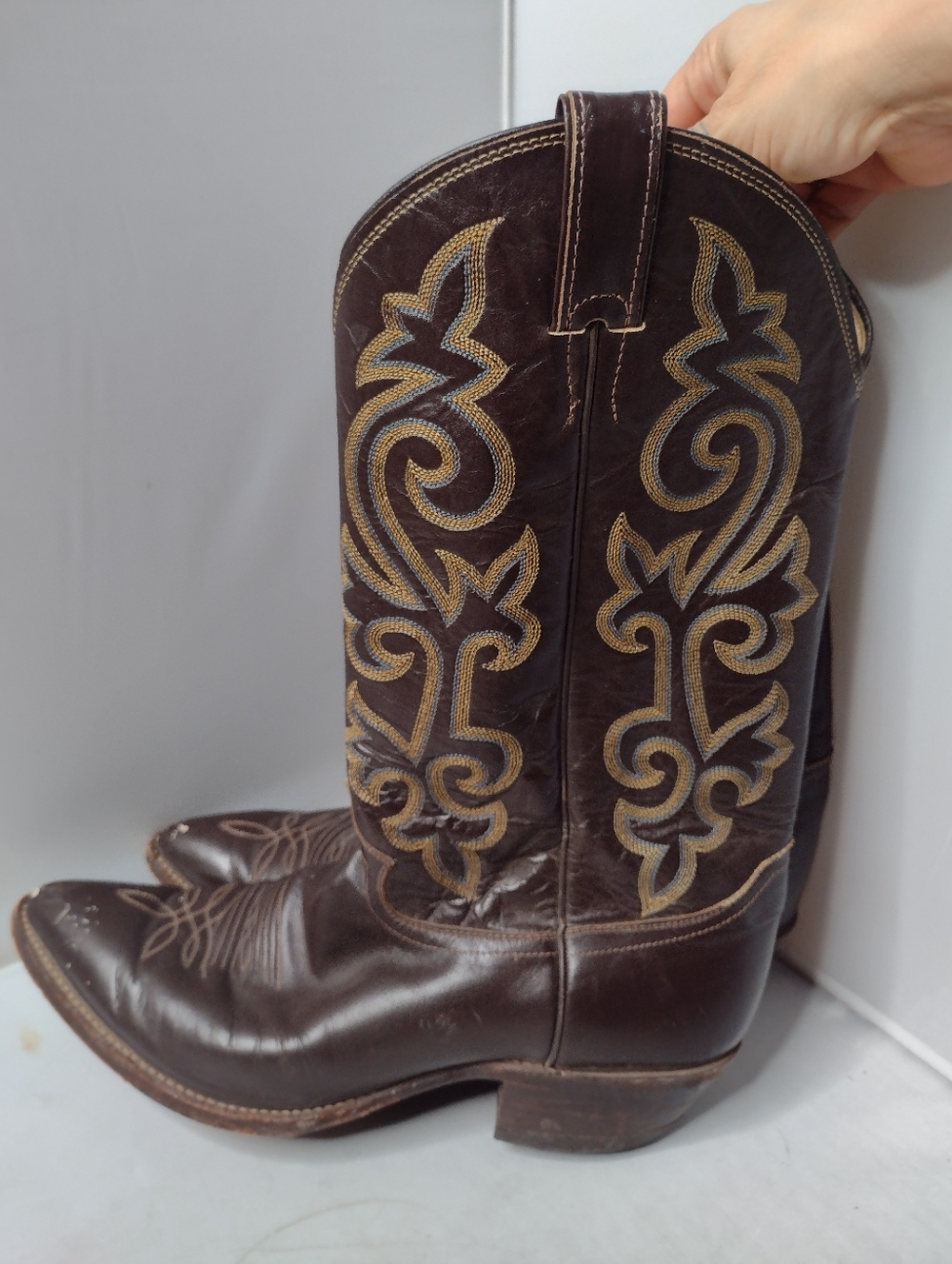 Justin H1417 Brown Leather Cowboy Western Boots Size 11 Embroidered - Picture 1 of 10